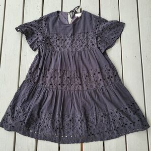 Mello Day Womens Eyelet Dress Tiered Short Sleeve Crew Neck Keyhole Back Black L